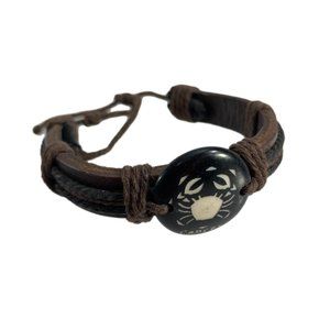 Zodiac Cancer Black Brown Leather Unisex Bracelet Surfer Style Adjustable